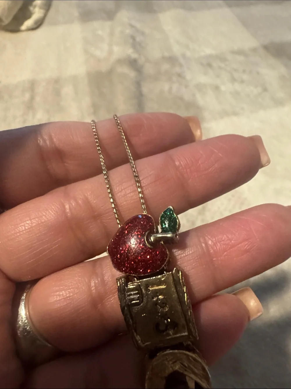 Vintage School-Themed Charm Bracelet with Glitter Apples